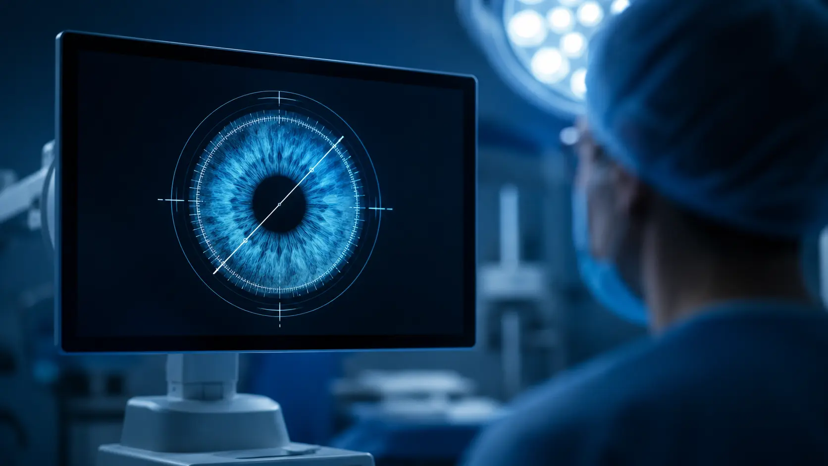 Sistema de imagen guiada mostrando el mapa digital del ojo para planear la cirugía de cataratas