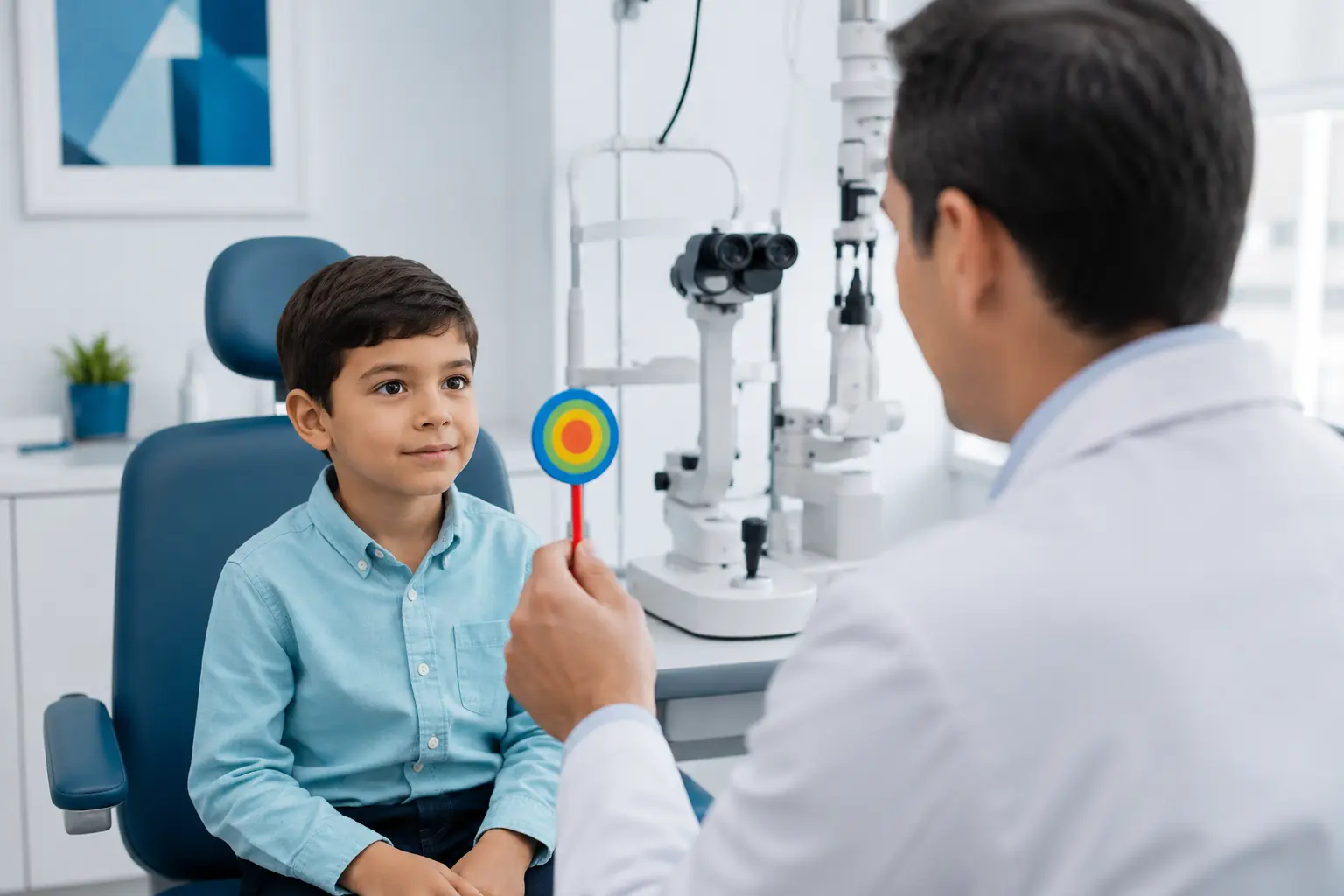 Especialista de VIU evaluando la conducta visual de un niño durante el examen oftalmológico pediátrico en Barranquilla