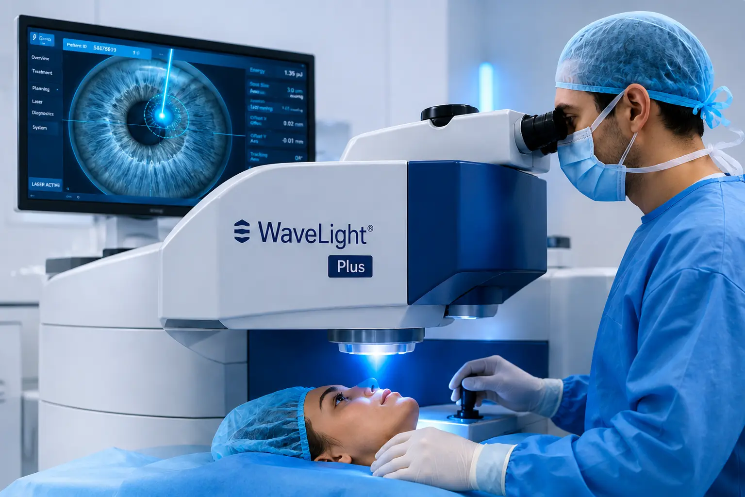 Representación de una cirugía refractiva con WaveLight Plus: el cirujano opera mientras la pantalla muestra el ojo en tratamiento